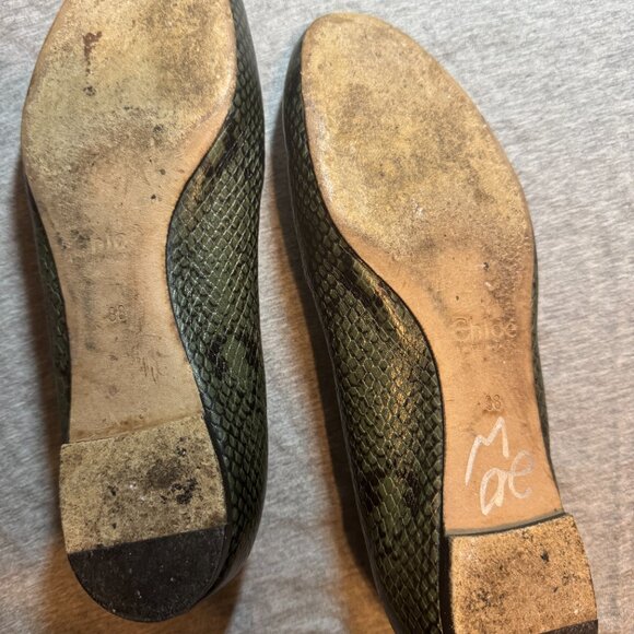 Chloe Green/Glack Python Embossed Leather Lauren Scallop Ballet Flats - Picture 6 of 11